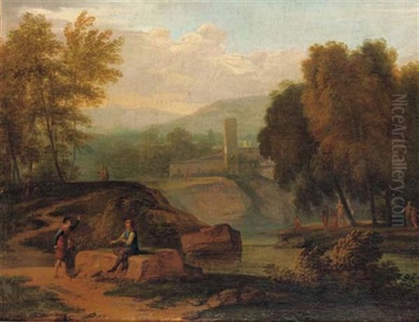 An Italianate Landscape With Figures Conversing On The Banks Of A River, Mountains Beyond Oil Painting by Jan Frans van Bloemen