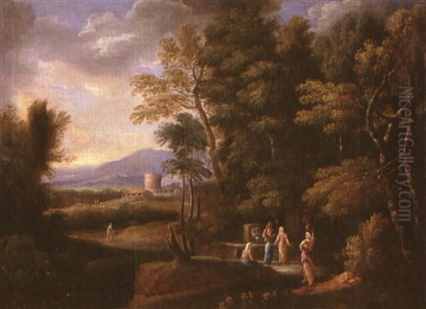 Paesaggio Con Donne Al Pozzo Oil Painting by Jan Frans van Bloemen