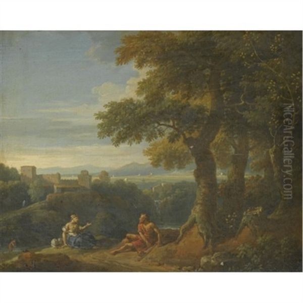 An Italianate Landscape With Two Figures Resting In The Foreground Oil Painting by Jan Frans van Bloemen