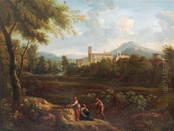 Veduta Dell'abbazia Di San Nilo Di Grotta Ferrata Con Figure, In Basso A Destra Traccia Di Firma(?) Oil Painting by Jan Frans van Bloemen