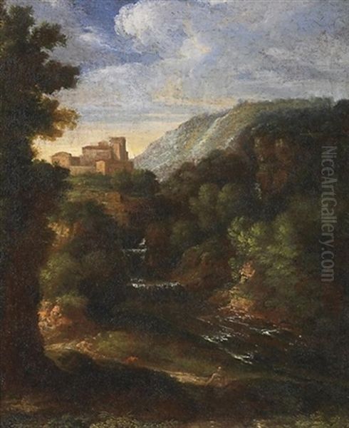 Sudliche Gebirgslandschaft Mit Wasserfall. Auf Einer Anhohe Ein Kastell Oil Painting by Jan Frans van Bloemen