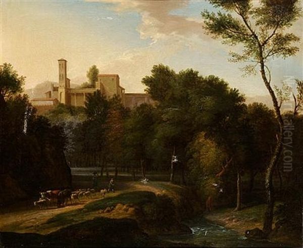 A Wooded Italianate Landscape With Shepherds Driving Their Livestock Beside A River In The Foreground, A Classical Villa On A Hill Beyond Oil Painting by Jan Frans van Bloemen