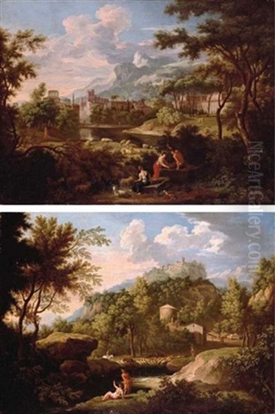 An Italianate Mountainous Landscape With A Shepherd Resting (collab. W/pieter Van Bloemen + An Italianate Landscape With Travellers Crossing A Stream; Pair) Oil Painting by Jan Frans van Bloemen