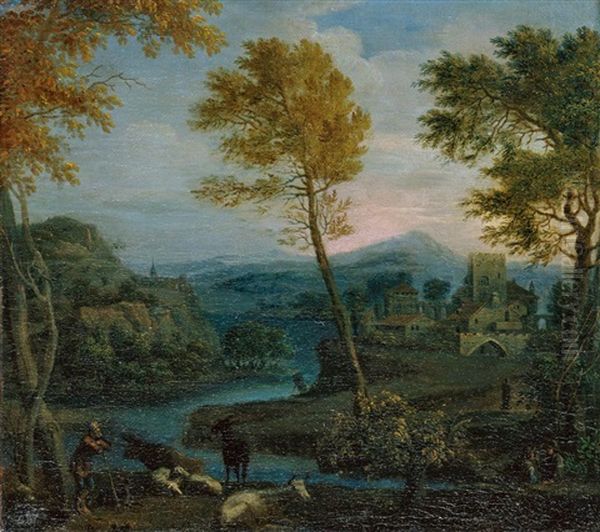 Zwei Sudliche Flusslandschaften Mit Hirtenstaffage Oil Painting by Jan Frans van Bloemen