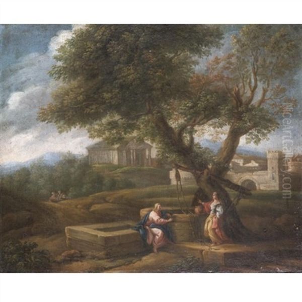 A Classical Landscape With Christ And The Woman Of Samaria Oil Painting by Jan Frans van Bloemen