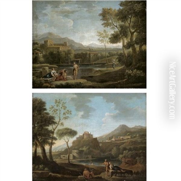 A Classical Landscape With Figures And A Lake And Hilltop Town Beyond (+ A Classical Landscape With Figures Conversing In The Foreground; Pair) Oil Painting by Jan Frans van Bloemen