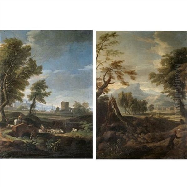 An Italianate Landscape With A Figure In The Foreground Ruins And A Hill Top Town Beyond (+ An Italianate Landscape With Drovers And Their Animals Crossing A Bridge, A Harour Beyond; Pair) Oil Painting by Jan Frans van Bloemen