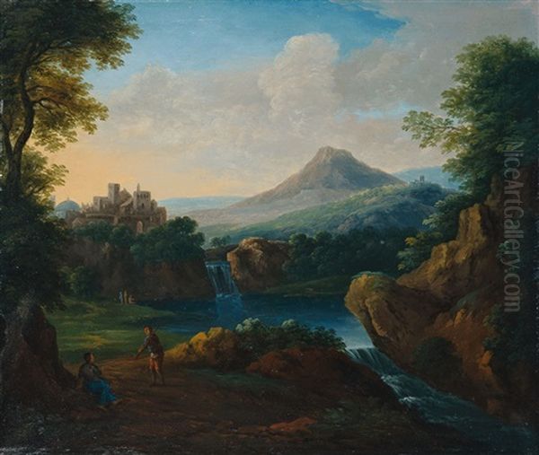 Sudliche Flusslandschaften Mit Figurenstaffage (2 Works) Oil Painting by Jan Frans van Bloemen