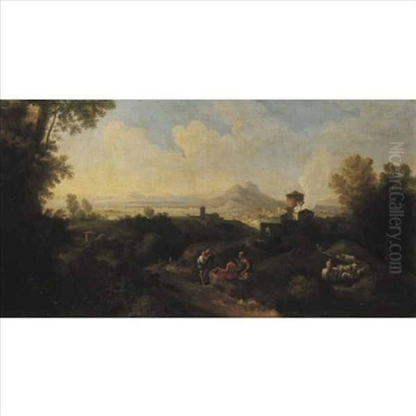 Italianate Landscape With Figures Oil Painting by Jan Frans van Bloemen