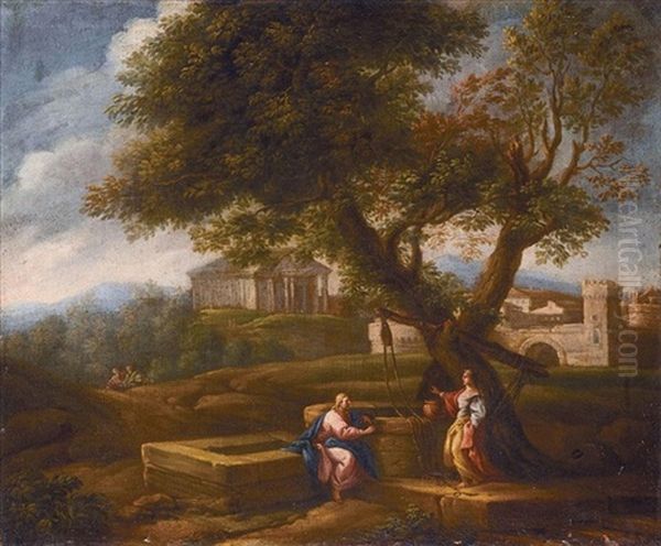 A Classical Landscape With Christ And The Woman Of Samaria Oil Painting by Jan Frans van Bloemen