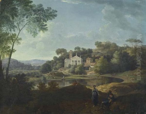 Landschaft Mit Tempel Und Campanile Bei Einem See Oil Painting by Jan Frans van Bloemen