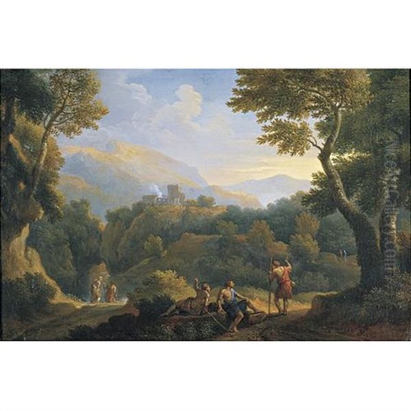 Figures In A Classical Landscape Oil Painting by Jan Frans van Bloemen