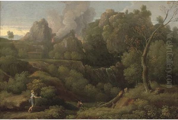 A Wooded Landscape With Figures In The Foreground, A Volcano Erupting Beyond Oil Painting by Jan Frans van Bloemen