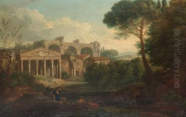 An Arcadian Landscape With Figures Resting Beside A Stream In The Foreground And Ruins Beyond (+ An Arcadian Landscape With A Temple In The Distance; Pair) Oil Painting by Jan Frans van Bloemen