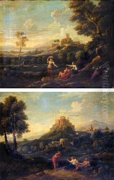 Classical Landscape With Figures In The Foreground And Hill-top Town Beyond (+ Another Similar; Pair) Oil Painting by Jan Frans van Bloemen