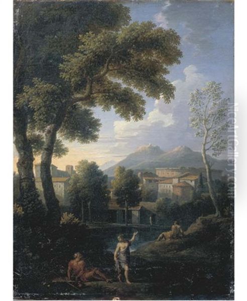 Paesaggio Laziale Con Astanti E Borgo In Lontananza Oil Painting by Jan Frans van Bloemen