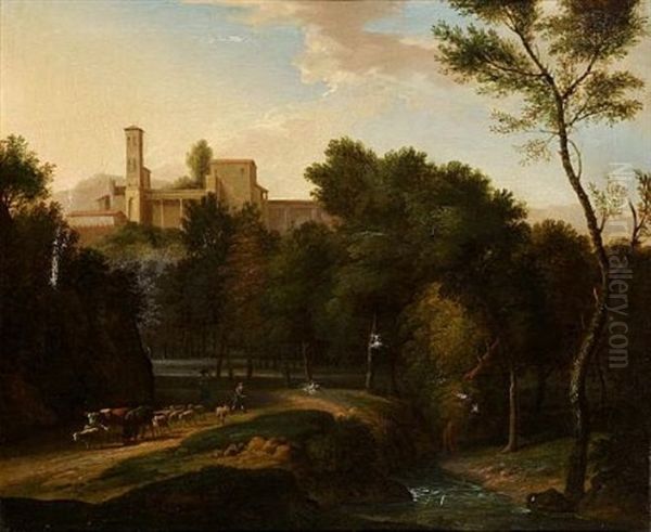 A Wooded Italianate Landscape With Shepherds Droving Their Livestock Beside A River In The Foreground, A Classical Villa On A Hill Beyond Oil Painting by Jan Frans van Bloemen