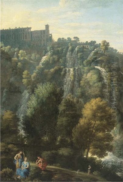 The Falls Of Tivoli With The Villa Of Maecenas And Herdsmen Oil Painting by Jan Frans van Bloemen