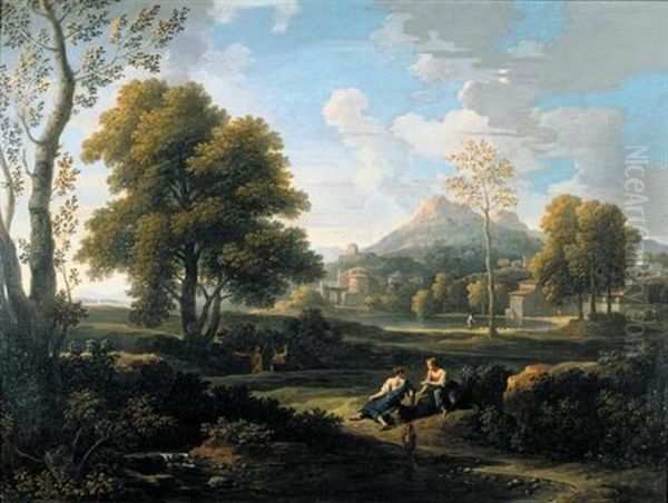 Classical Landscape With Resting Figures And A Lakeside Town Beyond Oil Painting by Jan Frans van Bloemen