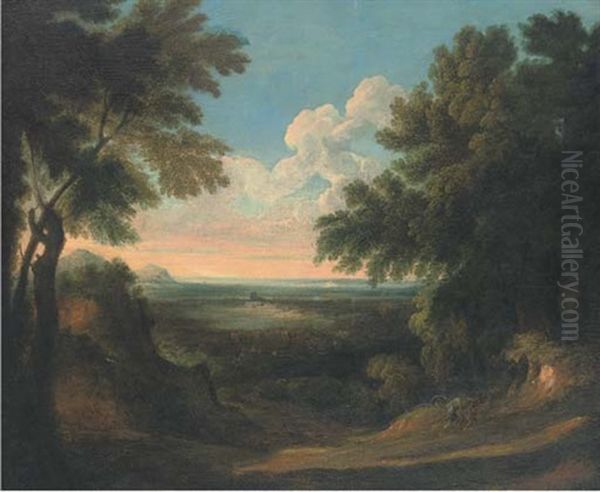 A Wooded Landscape With Two Figures In The Foreground by Jan Frans van Bloemen