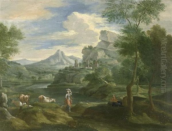 Paysage Italianisant Avec Personnages Et Betail Le Long D'une Riviere Oil Painting by Jan Frans van Bloemen