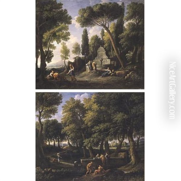 A Classical Landscape With Figures Collecting Water From A Fountain, Others Resting And Conversing In The Foreground (+ A Classical Landscape With Figures Conversing At A Fountain; Pair) Oil Painting by Jan Frans van Bloemen