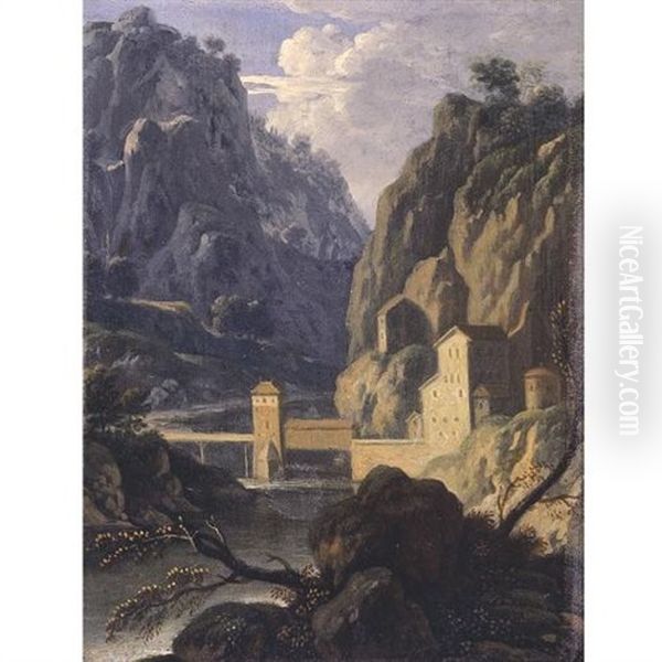 A Rocky Landscape With A Bridge And Buildings By A River by Jan Frans van Bloemen