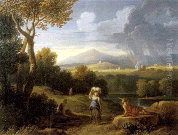 Paesaggio Laziale Con Astanti In Primo Piano Nei Pressi Di Un Fiume Oil Painting by Jan Frans van Bloemen