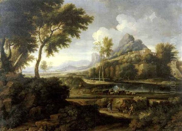 Paesaggio Fluviale Laziale Con Viandanti E Armenti, E Un Borgo Con Una Chiesa In Lontananza (attr.to Jan Frans And Pieter Van Bloemen) Oil Painting by Jan Frans van Bloemen