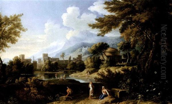 A Roman Landscape With Peasants Resting By A Lake, The Church Of San Andrea Del Vignola, A Town On The Far Shore And Mountains Beyond Oil Painting by Jan Frans van Bloemen