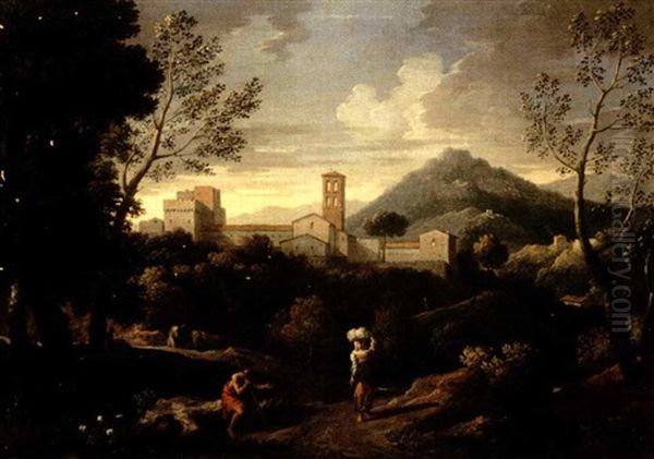 Paesaggio Classico Con Figure E Citta In Secondo Piano Oil Painting by Jan Frans van Bloemen