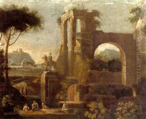 An Italianised Landscape With Bathers By A Classical Ruin Oil Painting by Jan Frans van Bloemen