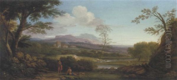 An Extensive Italianate Landscape With Shepherds By A River And A Village Beyond Oil Painting by Jan Frans van Bloemen