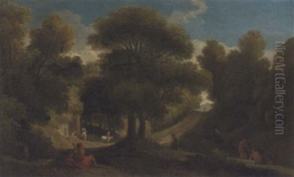 A Wooded Landscape With Figures Resting And Travellers On A Track Oil Painting by Jan Frans van Bloemen