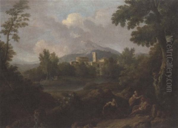 An Italianate Landscape With Classical Buildings And Figures By A Lake Oil Painting by Jan Frans van Bloemen