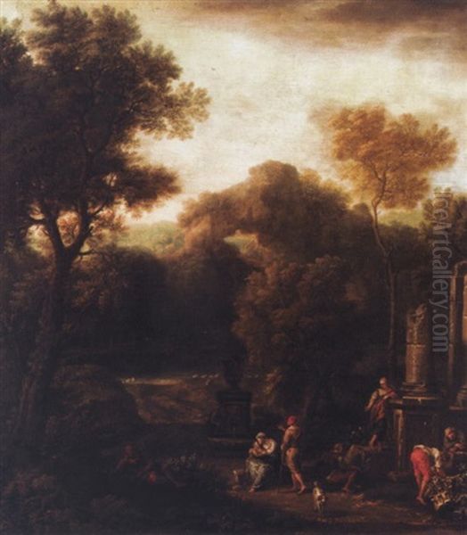 Italianate Landscape With Figures Beside Ruins Oil Painting by Jan Frans van Bloemen