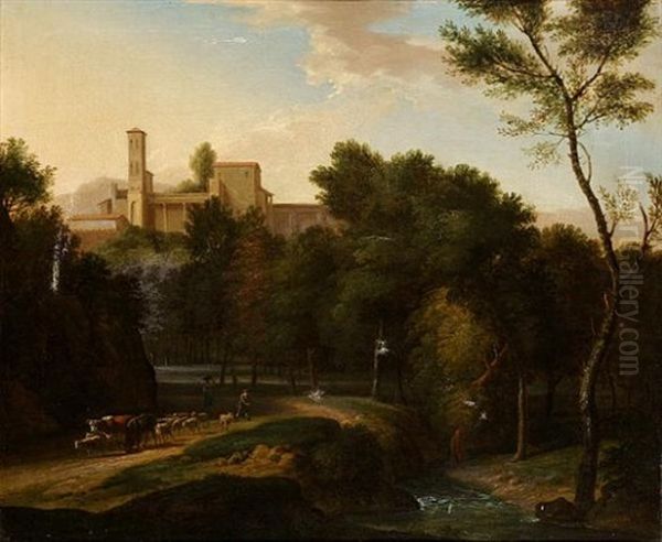 A Wooded Italianate Landscape With Shepherds Droving Their Livestock Beside A River In The Foreground, A Classical Villa On A Hill Beyond Oil Painting by Jan Frans van Bloemen