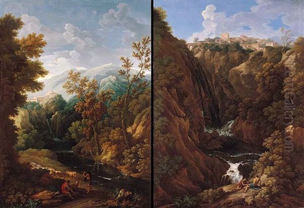 A Classical Landscape With Shepherds Beside A Waterfall, A View Of Tivoli (?) Oil Painting by Jan Frans van Bloemen