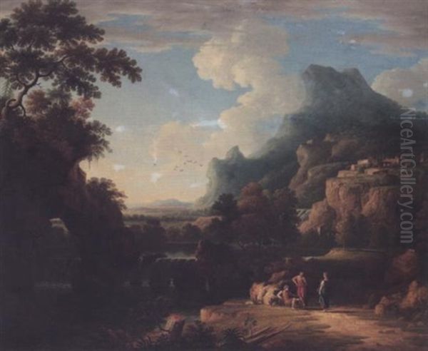 An Italianate Landscape With Figures Beside A Waterfall, A Hilltop Village Beyond Oil Painting by Jan Frans van Bloemen