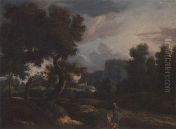 An Italianate Landscape With Figures Conversing On A Track Oil Painting by Jan Frans van Bloemen