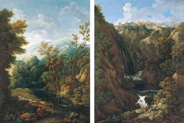 A Classical Landscape With Shepherds Beside A Waterfall (tivoli?) Oil Painting by Jan Frans van Bloemen