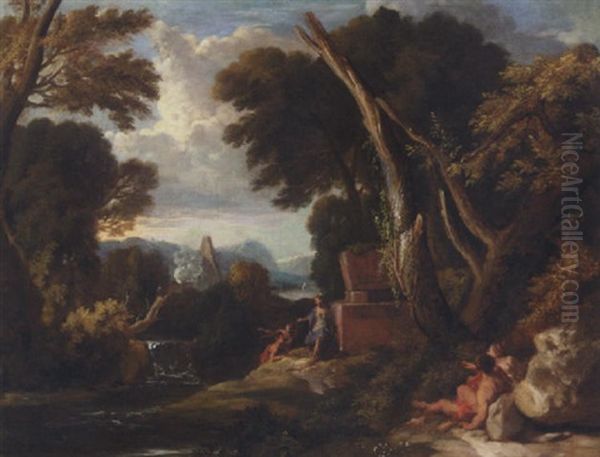 A Classical Landscape With Figures Resting Beside A River Oil Painting by Jan Frans van Bloemen