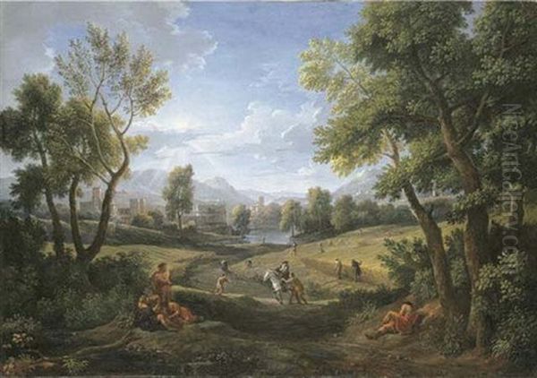 An Extensive River Landscape With Peasants During The Harvest, A Lakeside Town Beyond Oil Painting by Jan Frans van Bloemen