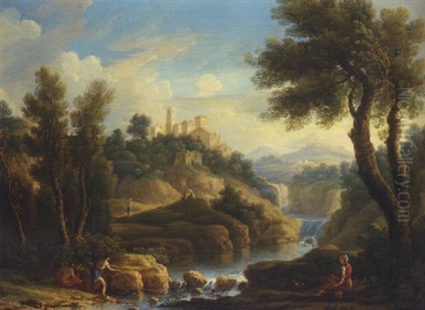 A Mountainous River Landscape With Fishermen And Other Figures, A Hilltop Town Beyond Oil Painting by Jan Frans van Bloemen