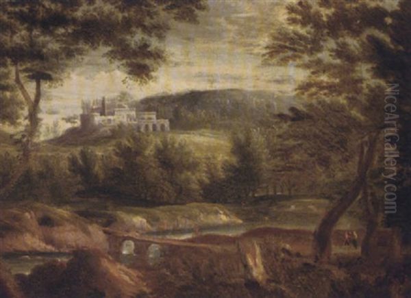 An Italianate Landscape With Figures By A Lake, A Town Beyond Oil Painting by Jan Frans van Bloemen