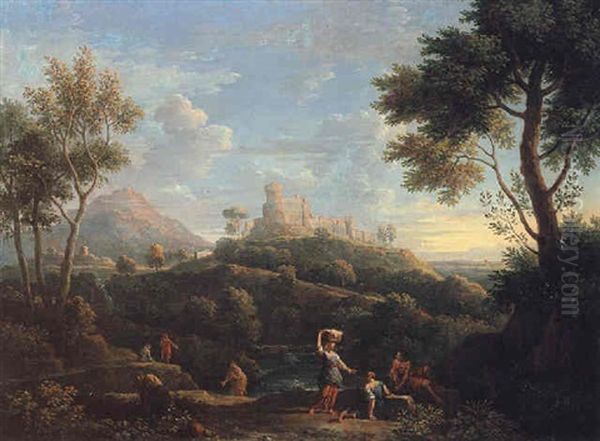 A Southern Landscape With Figures In The Foreground And A Hill-top Town Beyond Oil Painting by Jan Frans van Bloemen