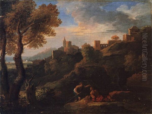 A Classical Landscape With Figures In The Foreground, A Walled Town Beyond by Jan Frans van Bloemen