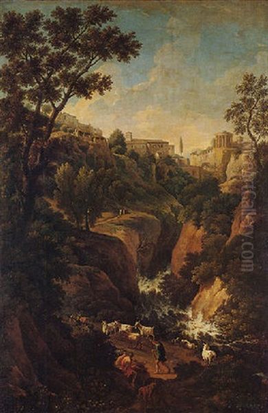 A Capriccio Of Tivoli, With Peasants And Animals By The Falls Oil Painting by Jan Frans van Bloemen