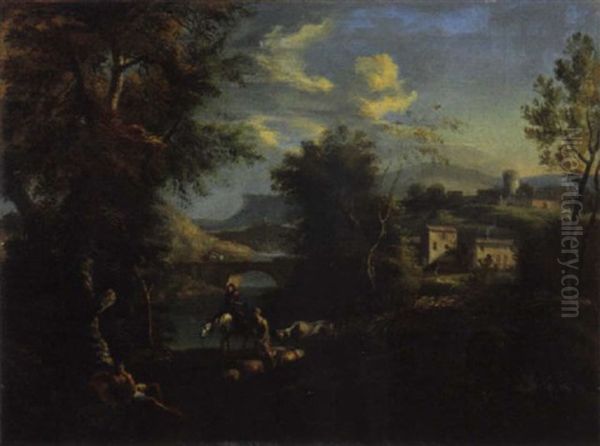 Paesaggio Classico Con Contadini Ed Armenti Presso Un Villaggio Oil Painting by Jan Frans van Bloemen