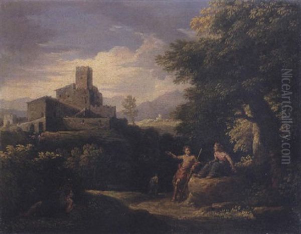 Arcadian Landscape With Figures Resting On A Rock, A Castle Beyond Oil Painting by Jan Frans van Bloemen